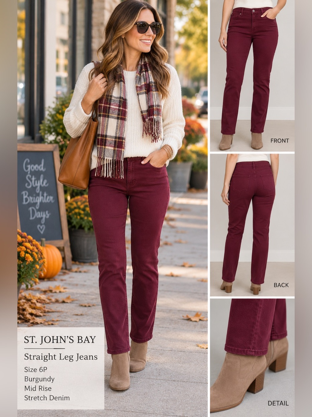 St. John’s Bay Women’s 6P Burgundy Straight Leg Stretch Jeans Petite. Autumn